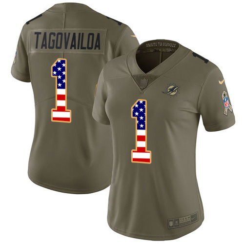 Nike Miami Dolphins #1 Tua Tagovailoa Olive USA Flag Women Stitched NFL Limited 2017 Salute To Service Jersey->women nfl jersey->Women Jersey